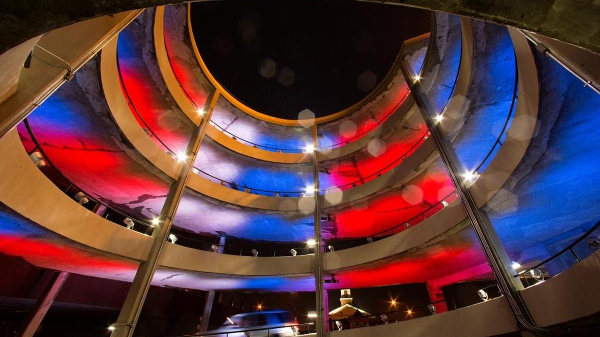LED lights illuminate the Helix Garage, located at the corner of Main St and Martin Luther King Jr. Blvd, in Lexington, Ky., on Thursday, July 4, 2013. While there will be major celebrations on Independence Day, government offices will be closed.