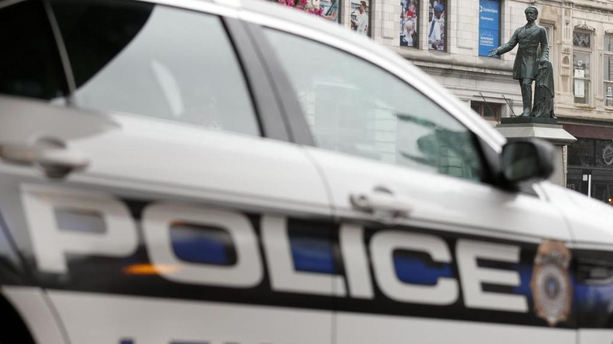 A Lexington Police cruiser was parked across the street from the John C. Breckinridge statue in Cheapside Park on West Main St. in Lexington, Ky., Monday, August 14, 2017.