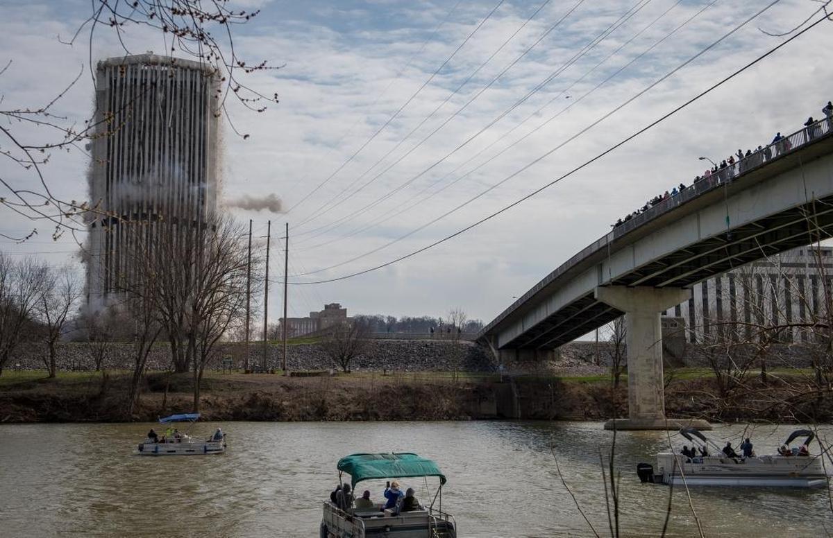 Spectators in boats and on the Twin Bridges saw the implosion Sunday of Capital Plaza Tower in Frankfort.