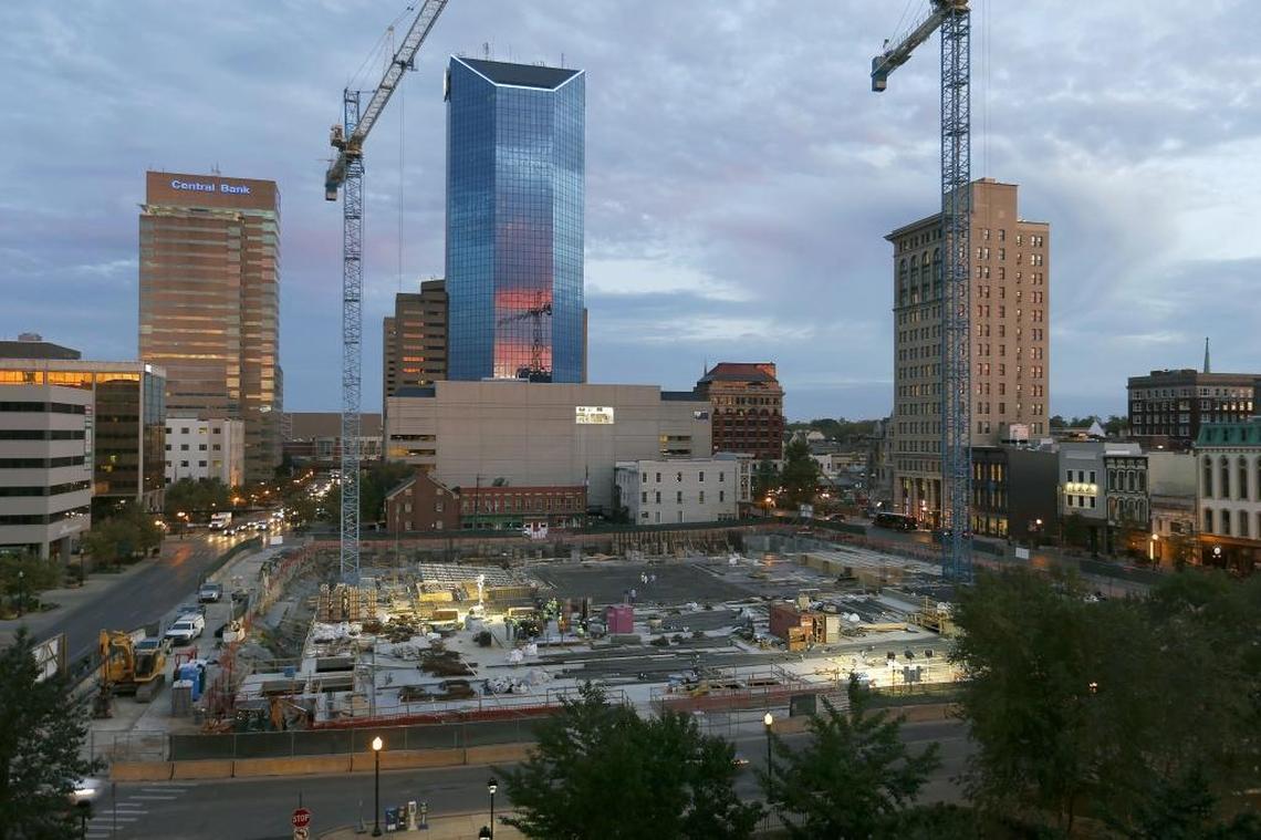 Construction continued on the CentrePointe development on the block bounded by West Main St., West Vine St., South Limestone St. and South Upper St. in Lexington, Ky., Thursday, October 05, 2017. The underground parking garage is nearing completion and the former large hole is no longer visible.