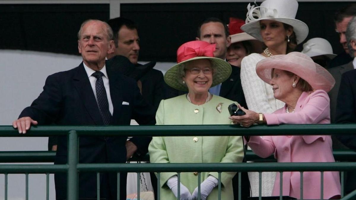 Queen Elizabeth, center, with Prince Phillip, Duke of Edinburgh on left, watched the Kentucky Derby races with Will and Sarah Farish at Churchill Downs on May 5, 2007.