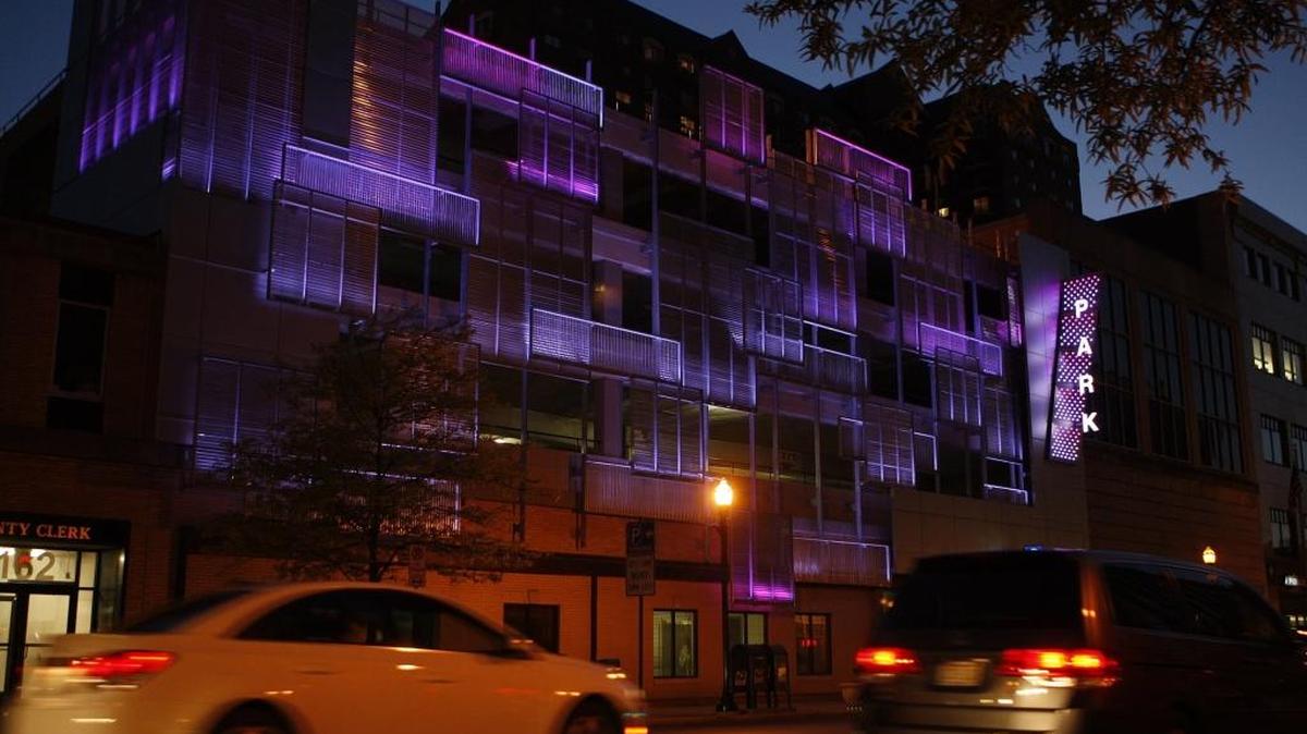 The Helix garage was bathed in purple to honor Prince.