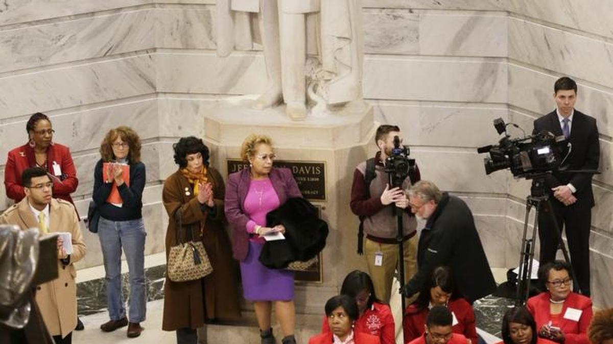 The statue of Jefferson Davis, which stands in the rotunda, was the topic of several speeches during Wednesday’s Black History Month Celebration at the state Capitol.