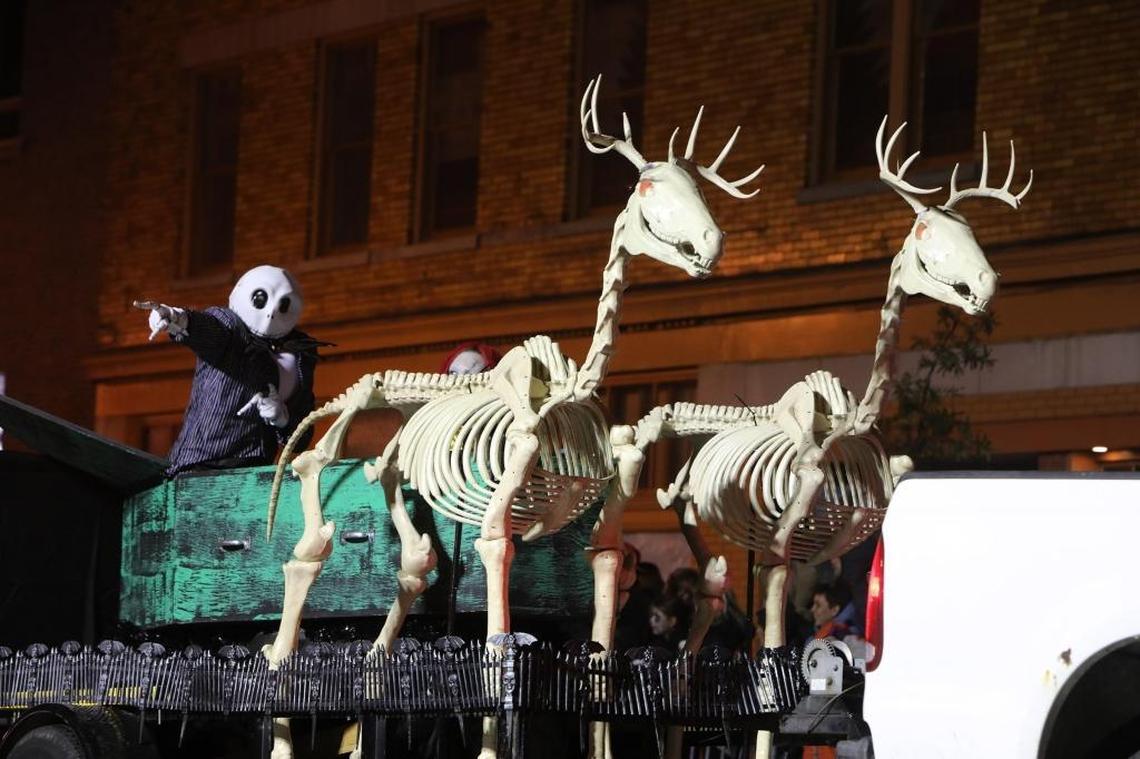 A float in the Halloween parade was pulled by a pair of skeletal beasties.