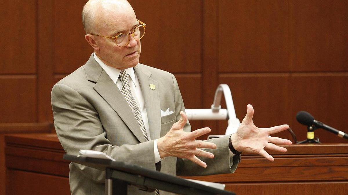 Commonwealth’s Attorney Ray Larson made closing arguments during the sentencing phase for Marty Roe, whom a jury found guilty of first degree murder in the death of Dr. Martha Post, in Fayette Circuit Court August 14, 2013.