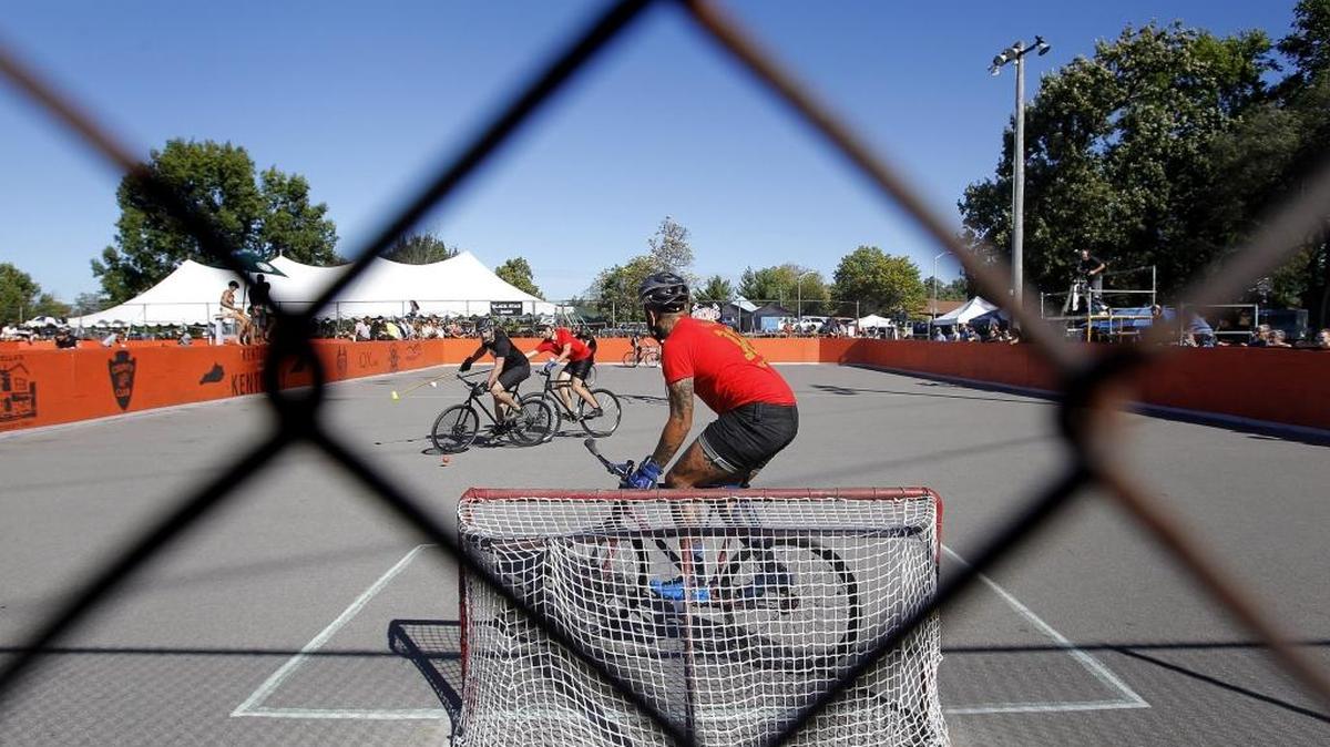 Mosquito went for a goal against The Mongrels during the round of 16 at the World Hardcourt Bike Polo Championship. The teams battled it out Saturday at Lexington’s Coolavin Park.