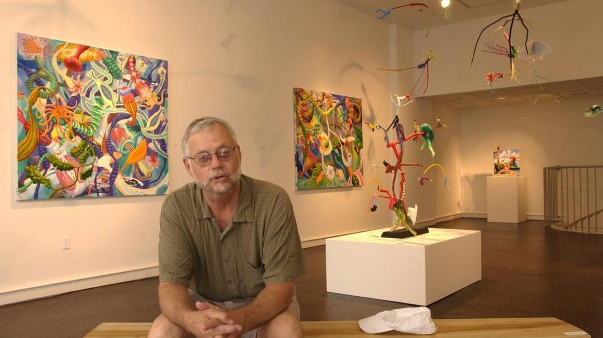 A Robert Tharsing exhibit at Ann Tower Gallery in 2003 included colorful artwork from driftwood and ice storm refuse.