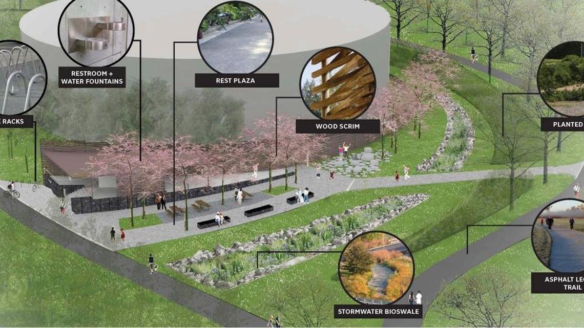 Designs for the rest area around Lexington’s Cane Run water tank include a restroom, bicycle racks, trees and other vegetation.