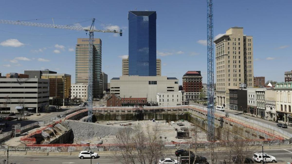 A construction crew worked in the CentrePointe site in downtown Lexington Tuesday.
