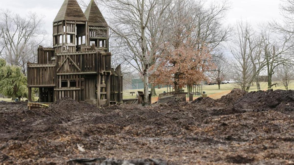 Most of the wooden playground at Jacobson Park, except the center tower, had been dismantled and removed by Wednesday. A new park is expected to be completed in the same spot in June.