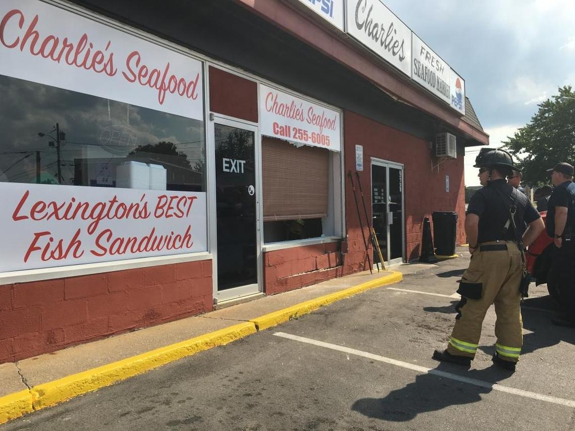 Lexington firefighters cleaned up after a truck crashed into the front window of Charlie’s Seafood shattering the glass. No one was injured but Charlie’s closed for the rest of the weekend so structural damage could be assessed.