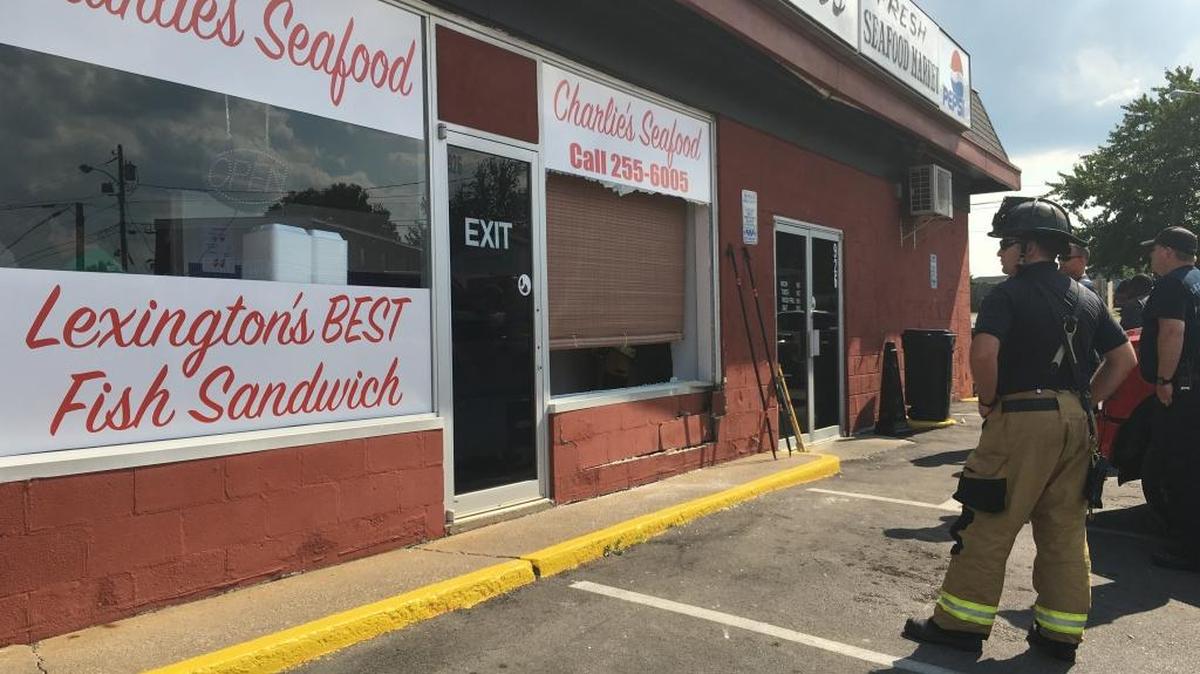 Lexington Firefighters cleaned up after a truck crashed into the front window of Charlie’s Seafood shattering the glass. No one was injured but Charlie’s closed for the rest of the weekend so structural damage could be assessed.