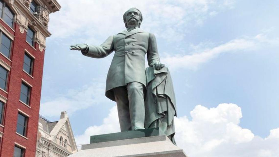 The John C. Breckinridge statue in Cheapside Park next to the old Fayette County Courthouse on West Main St. in Lexington, Ky., Monday, July 27, 2015.