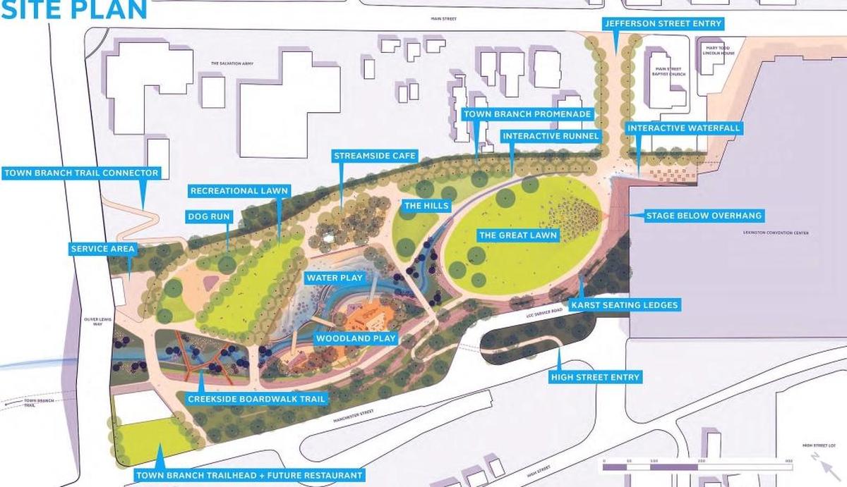 The proposed site plan for Town Branch Park designed by Scape Studio, a landscape architecture firm in New York.