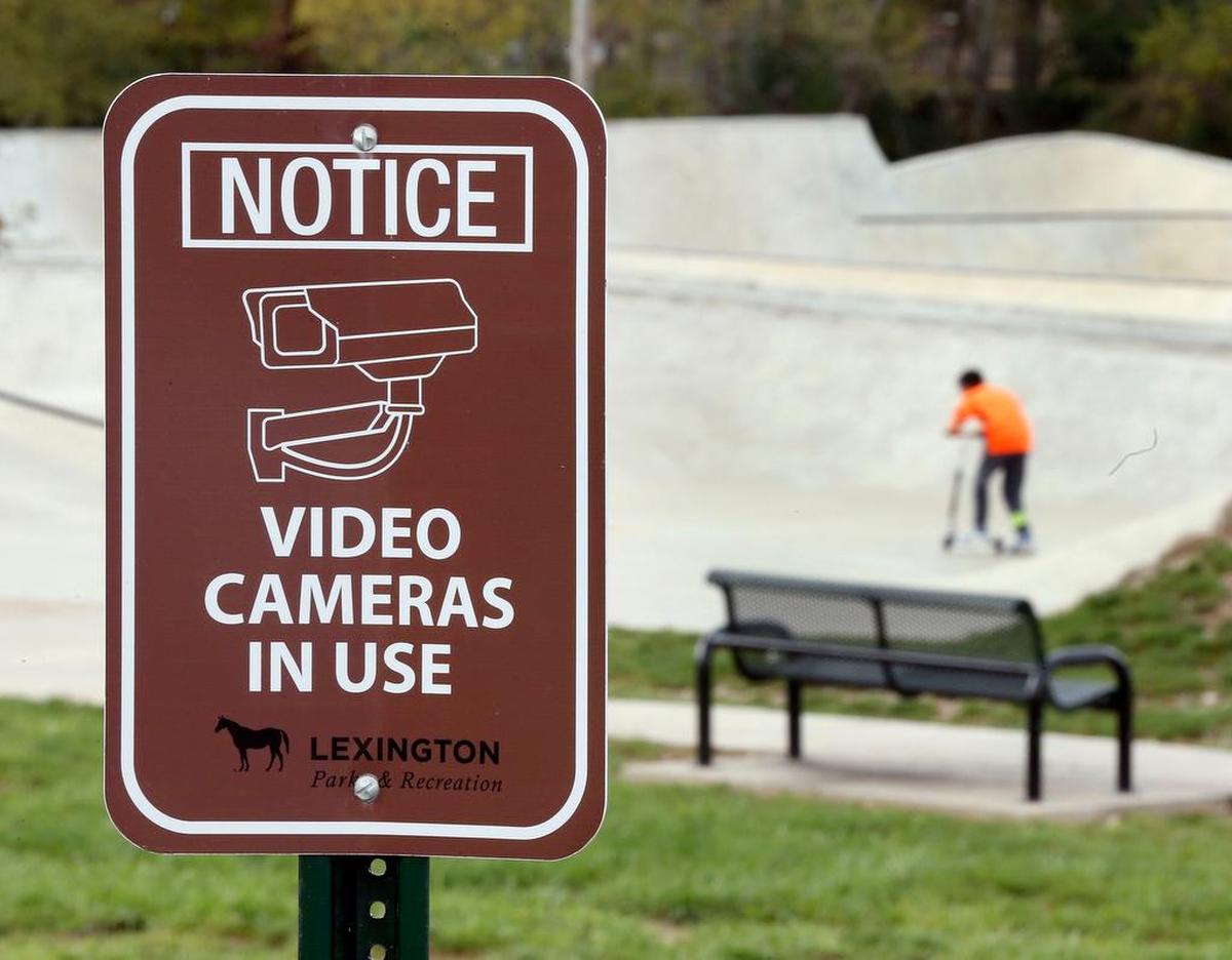 Surveillance cameras are in use in Berry Hill Skatepark on Buckhorn Drive in Lexington. A sign at the entrance states that video cameras are in use.