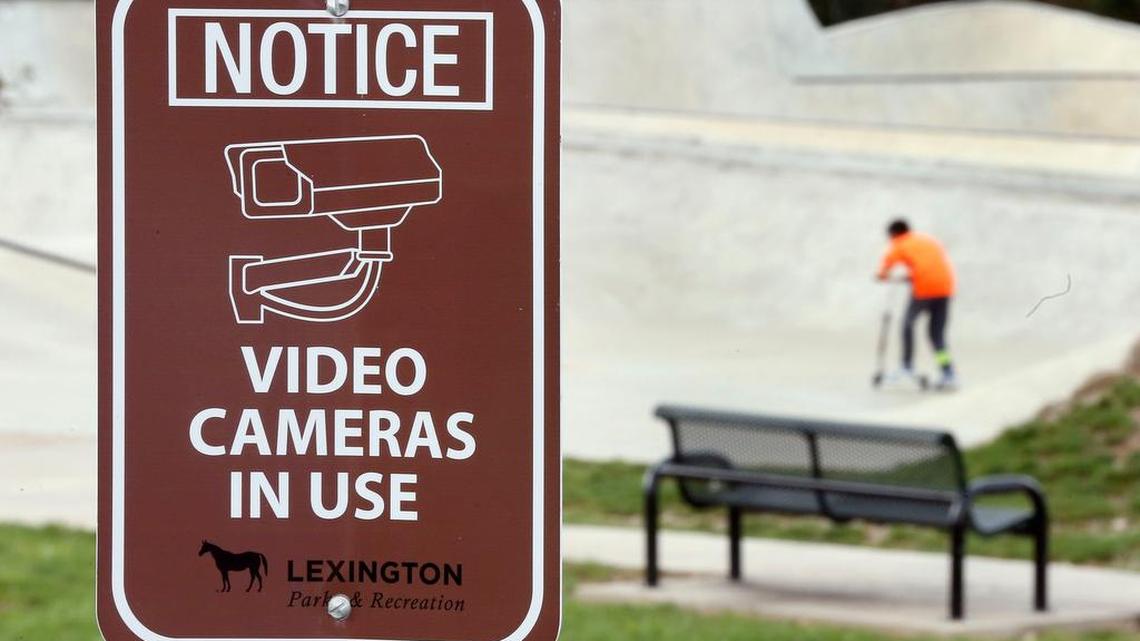 Surveillance cameras are in use in Berry Hill Skatepark on Buckhorn Drive in Lexington. A sign at the entrance states that video cameras are in use.