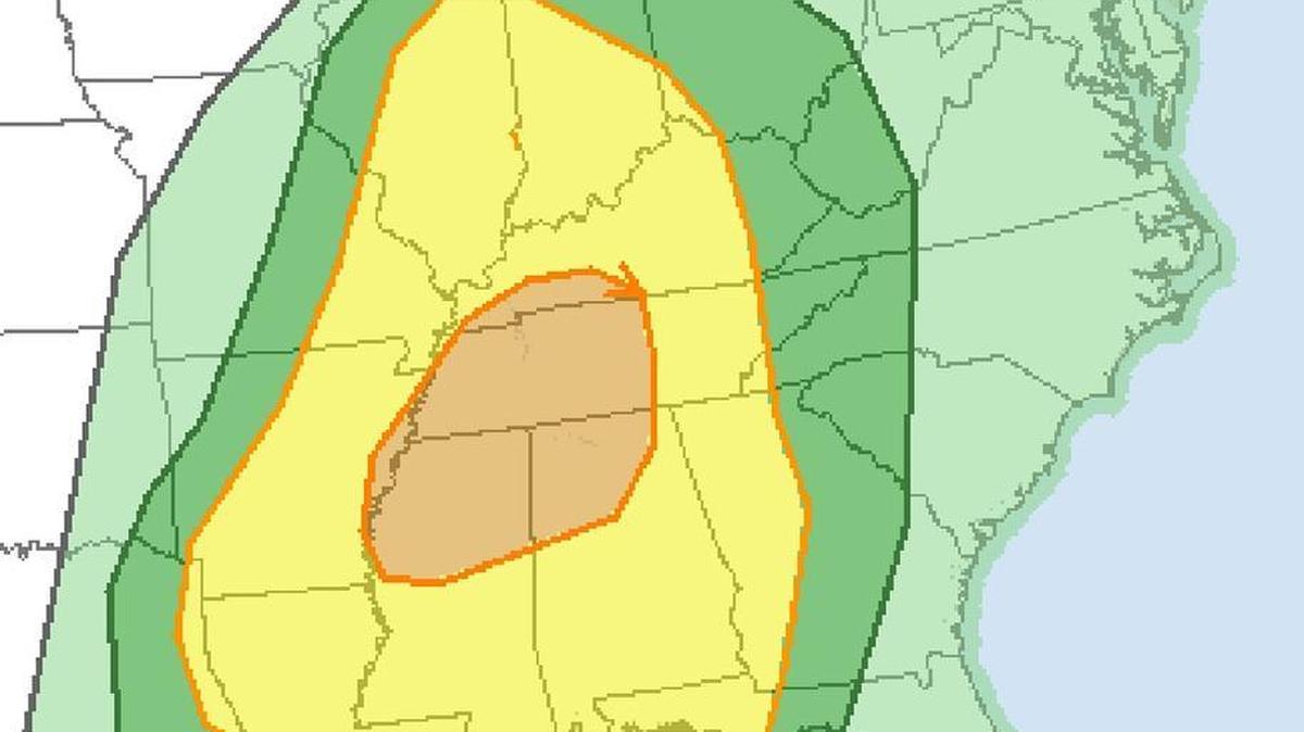 According to the National Weather Service’s Storm Prediction Center, parts of Central Kentucky have a slight risk of severe weather on Christmas Eve. The orange shading indicates an enhanced risk, while the area in dark green has a marginal risk of severe storms.