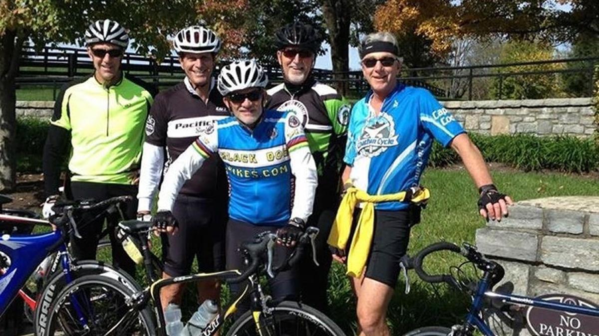 Ben Cowen, left, Mark Hinkel, Mike Kennedy, Tony Shields and David Cassidy posed for a shot of their cycling group they called the Zombies. Hinkel was killed in a crash with a pickup last May; Cassidy died Sunday when he was hit by a sport-utility vehicle on U.S. 68.