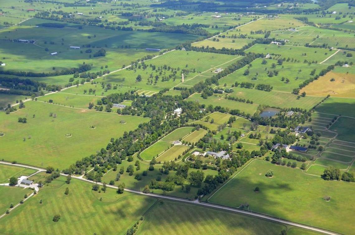 Aerial view of Castleton Lyons farm, 2469 Ironworks Pike, August 12, 2016. Ironworks Pike is seen running right to left near the bottom of the photo.