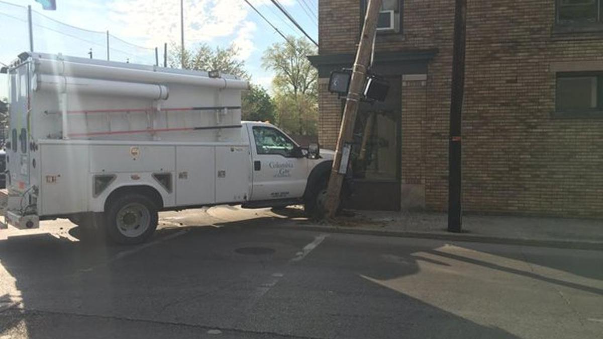 One person was injured in an accident involving a Columbia Gas truck Wednesday morning on West Third Street. The truck hit a pole and then a building after colliding with a Volkswagen Passat.