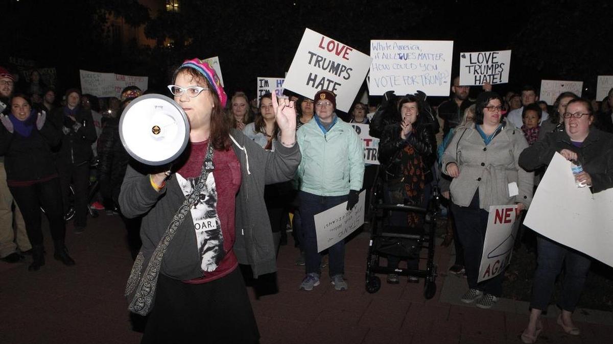 Cass Giles spoke during the Not My President protest in Lexington.