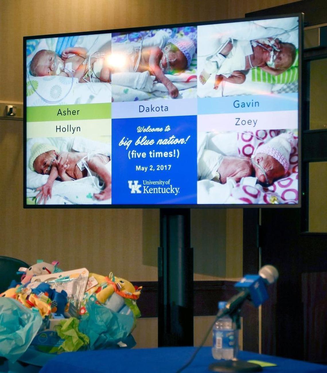 A composite photo Friday of Briana and Jordan Driskell’s quintuplets, born May 2 at University of Kentucky Chandler Hospital.