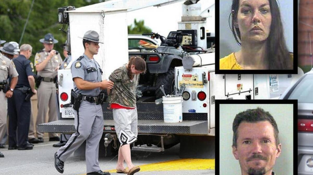 Vanessa Napier, inset top, was escorted away from a stolen bucket truck after a police chase on July 3, 2015. Two days later, she was charged with murder the in stabbing death of John Sharp, inset bottom.