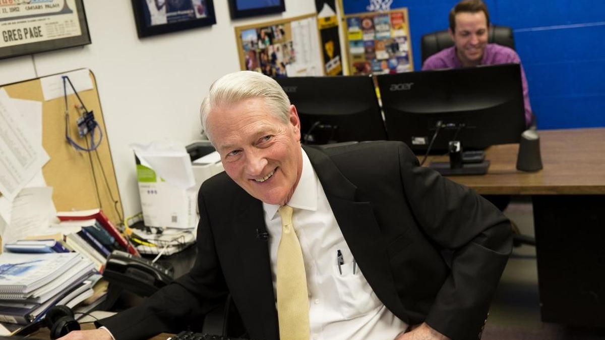 WKYT sports anchor Rob Bromley joked with news director Rob Thomas (not pictured) before his broadcast at WKYT on Monday. Bromley announced he will retire from WKYT after 40 years on Sept. 29.
