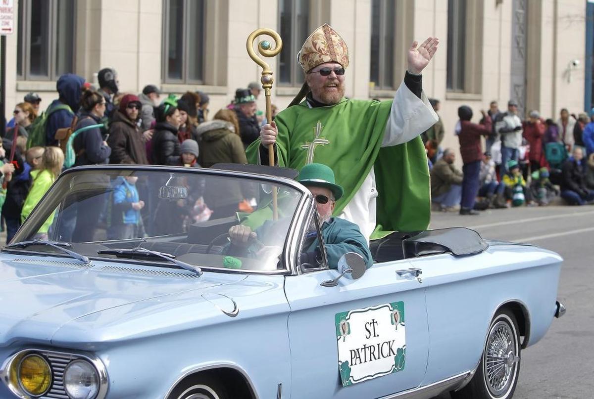 Sean McLaughlin as St. Patrick waved to the crowd.