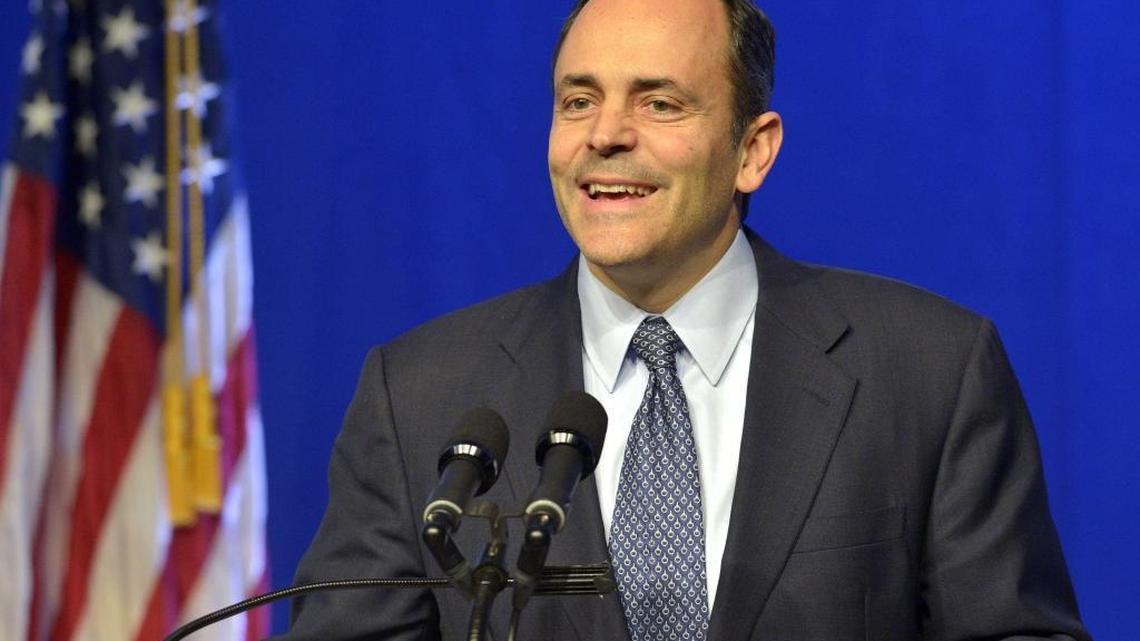Kentucky Governor Matt Bevin smiles as he is introduced at the Kentucky Chamber of Commerce dinner, Thursday, Jan. 7, 2016 at Heritage Hall in Lexington, Ky.