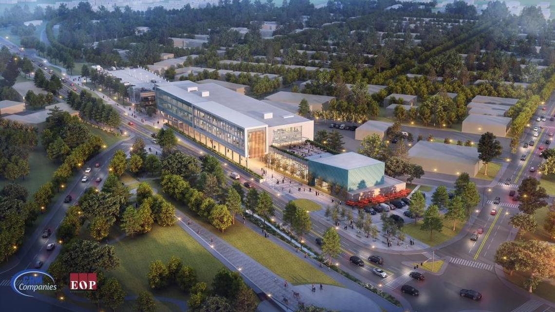 Aerial view of new professional office space on Midland Avenue proposed by CRM Development. The development would use the existing four-story Herald-Leader building.