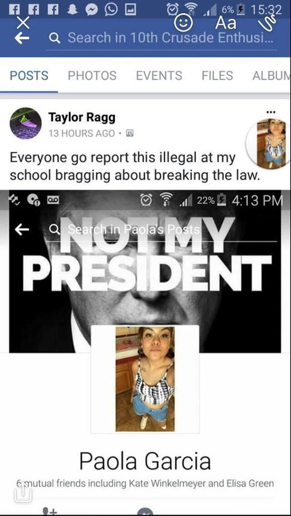 This screen shot shows a photo of a post on Facebook by Transylvania student Taylor Ragg in which he urges people to report fellow student Paola Garcia to immigration officials.
