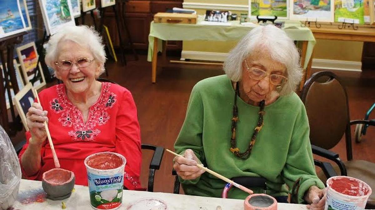 Virginia Campbell, left, and Doris McQuese, residents of Morning Pointe senior-living community in Lexington, recently made Christmas ornaments and pottery bowls in a class taught by Michelle Armstrong, art teacher at Cardinal Valley Elementary and the daughter of Sandra Newby, a resident at Morning Pointe. The topic of the first monthly class was pottery.
