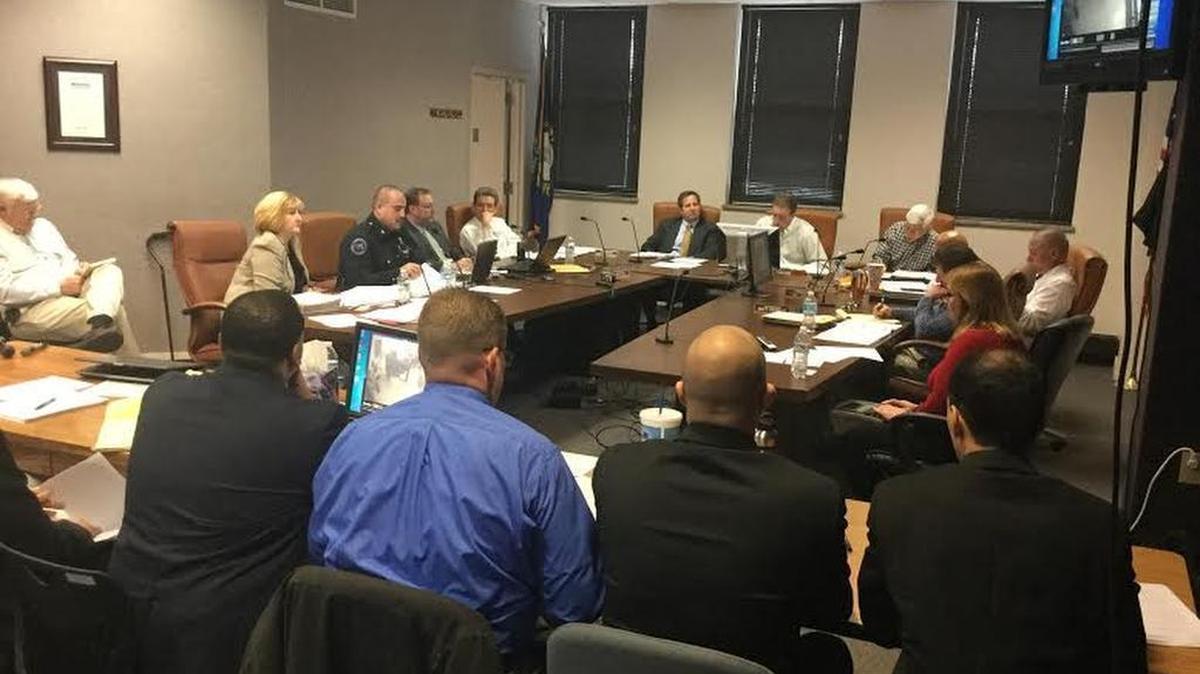 Paris City Commission began a disciplinary hearing Monday against five police officers charged with a variety of violations of policy.