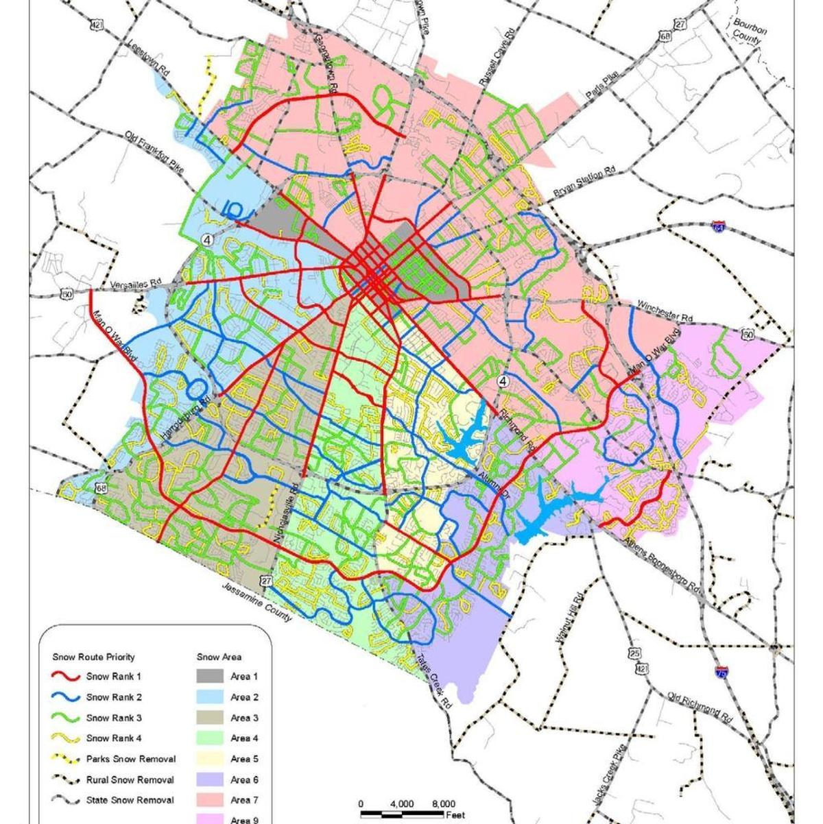 The city clears streets in red first and blue second.