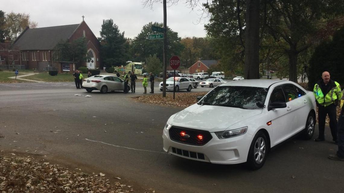 The scene of the crash involving a pedestrian on Clays Mill Road Monday morning.