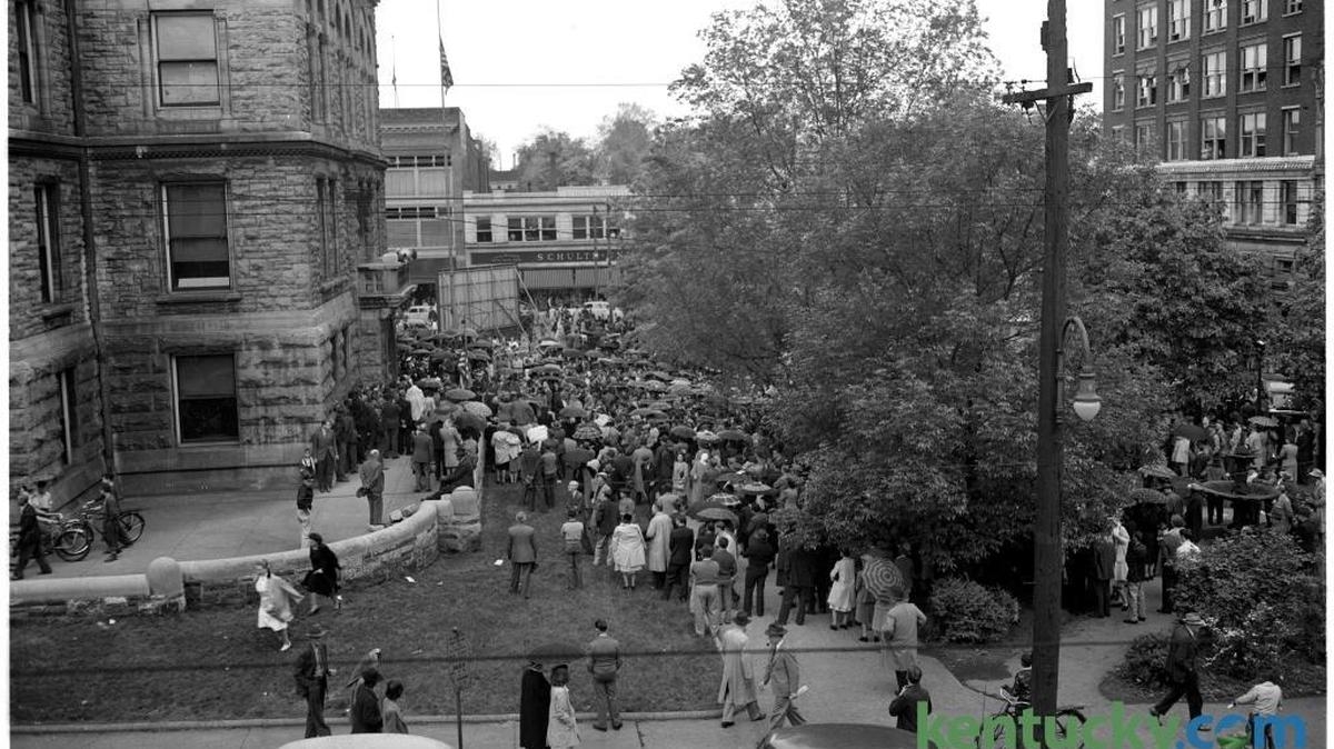 An estimated 3,000 people attended a community memorial service April 14, 1945, outside the Fayette County Courthouse in honor of President Franklin Delano Roosevelt. FDR, as he was more commonly known, had died in office two days earlier from a stroke. Harry Truman became the 31st U.S. president. Religious leaders and politicians spoke during the service before a crowd that stood motionless and mute, even during a downpour that forced the ceremony to move inside the courthouse from Cheapside Park. The ceremony ended with mourners singing God Bless America.