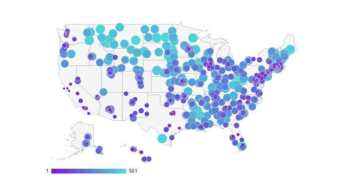 Purple indicates the most diverse cities while light blue is the least diverse in this WalletHub map.