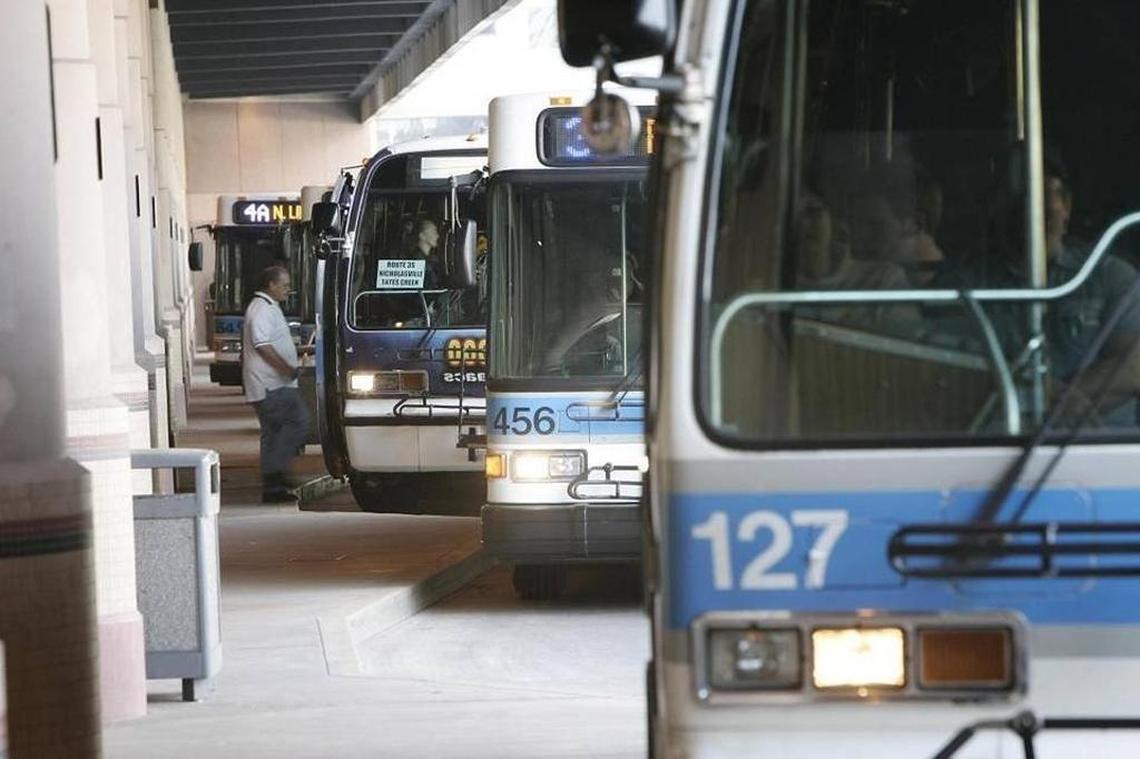 Lextran buses wait for riders at the Transit Center on Vine Street in downtown Lexington.