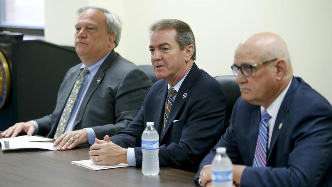 Senate President Robert Stivers (left), House Speaker Pro-Tempore David Osborne and Senator Joe Bowen, R-Owensboro answer questions from the media during a press conference on Senate Bill 1, which overhauls Kentucky’s ailing pension systems, at the Kentucky State Capitol Annex in Frankfort, Ky., on Wednesday, February 21, 2018.