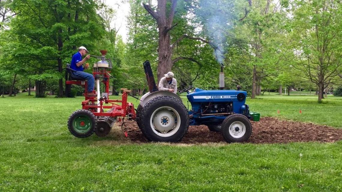 Mark Sizemore (left) and Richard Mundell with the Kentucky Tobacco Research and Development Center planted hemp Tuesday at Ashland, the Henry Clay Estate, for the first time in decades.