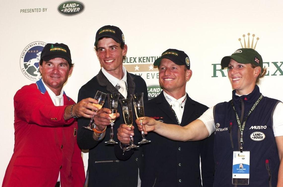 At far right, Zara Tindall (nee Phillips), niece of King Charles, celebrates her 2017 third place finish in the Rolex Kentucky Three-Day Event presented by Land Rover.