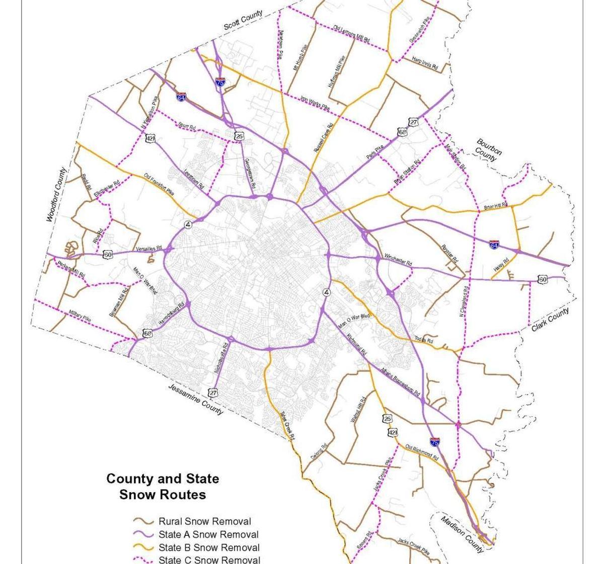 The state is responsible for clearing the streets in purple and others noted.