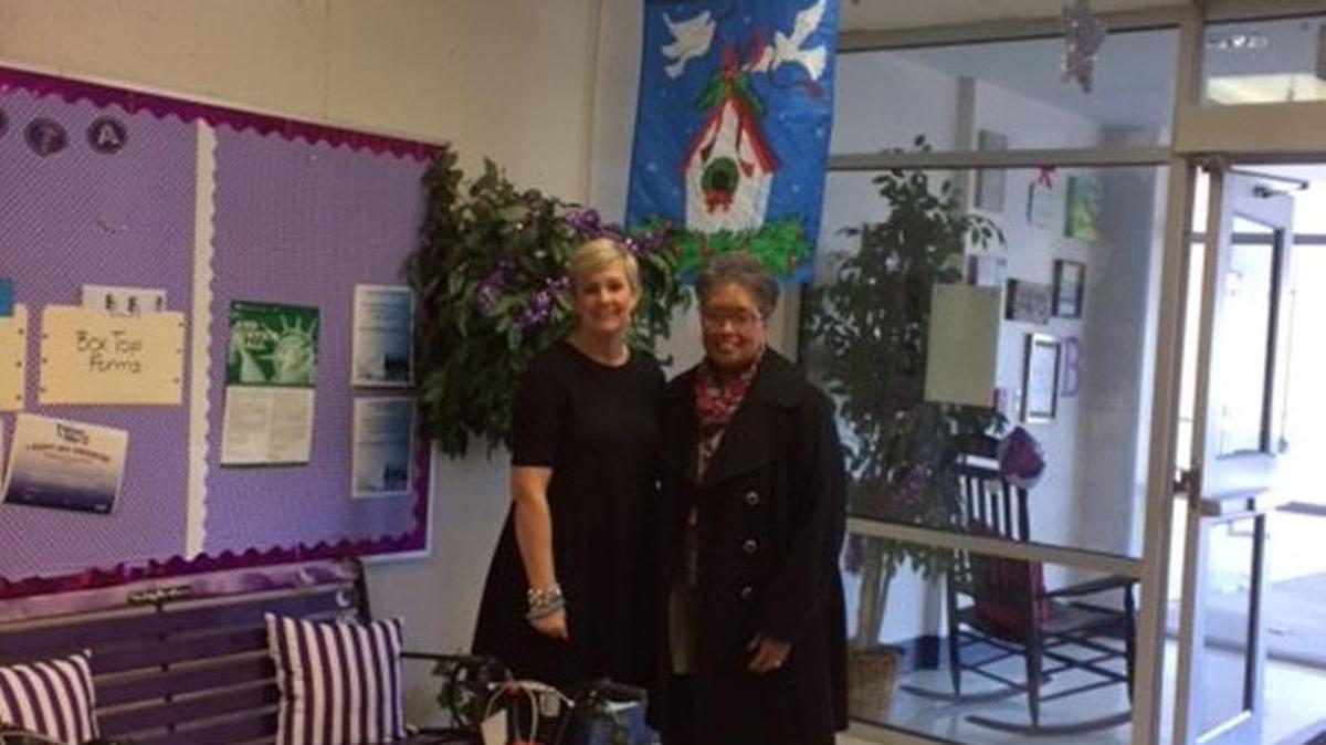 Lori Johnson, left, of Columbia Gas of Kentucky, and Monica Hall, resource coordinator at Booker T. Washington Elementary School, with the donated bicycles.