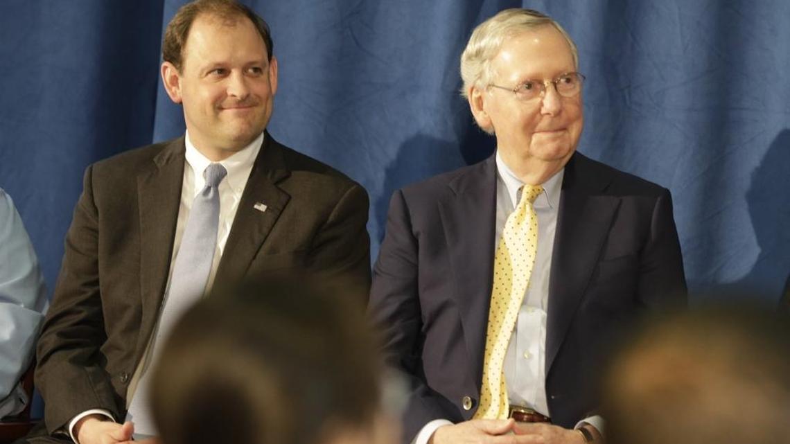 U.S. Rep. Andy Barr, R-Lexington, left, and U.S. Senate Majority Leader Mitch McConnell in a 2017 file photo.