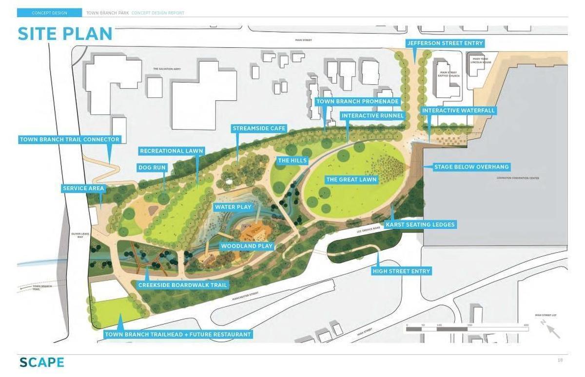 New Town Branch Park renderings show more details about features of the park. Those features include an outdoor amphitheater green space, water play features and paths. The renderings were released June 26, 2017.