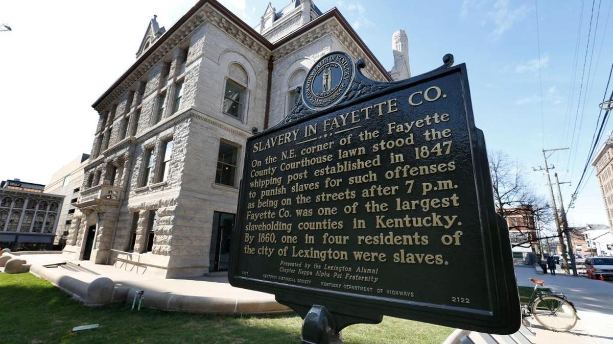 A celebrate the lives of people once sold at Cheapside will take place Feb. 10. A historical marker about slavery in Lexingotn was reinstalled at the old Fayette County Courthouse in 2018. The marker was vandalized in 2015.