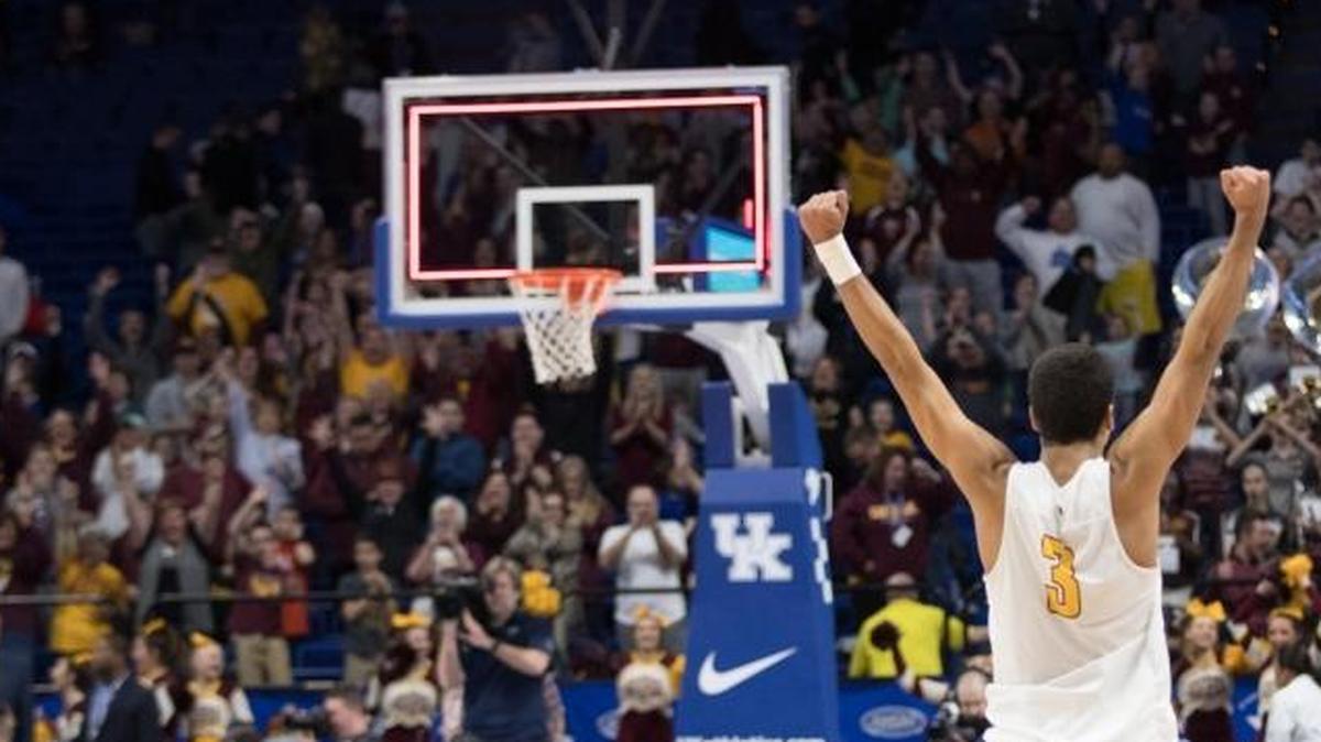 Cooper’s Dante Hendrix celebrated a semifinal victory over Fern Creek on March 18, 2017, in Rupp Arena. His team would fall to Bowling Green the next day in the 100th Whitaker Bank/KHSAA Boys’ Sweet Sixteen championship game.