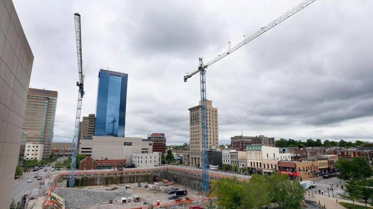 Construction continued at the CentrePointe development in Lexington on May 5.