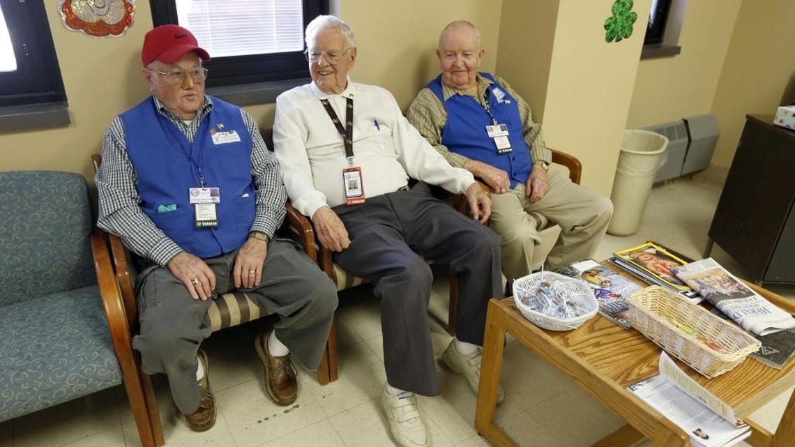 Troy Bowling, middle, visited with fellow volunteers John Marston, left, and Charles Robinson, right, in the volunteers' lounge at the Lexington VA Medical Center, 1101 Veterans Drive, in 2014.